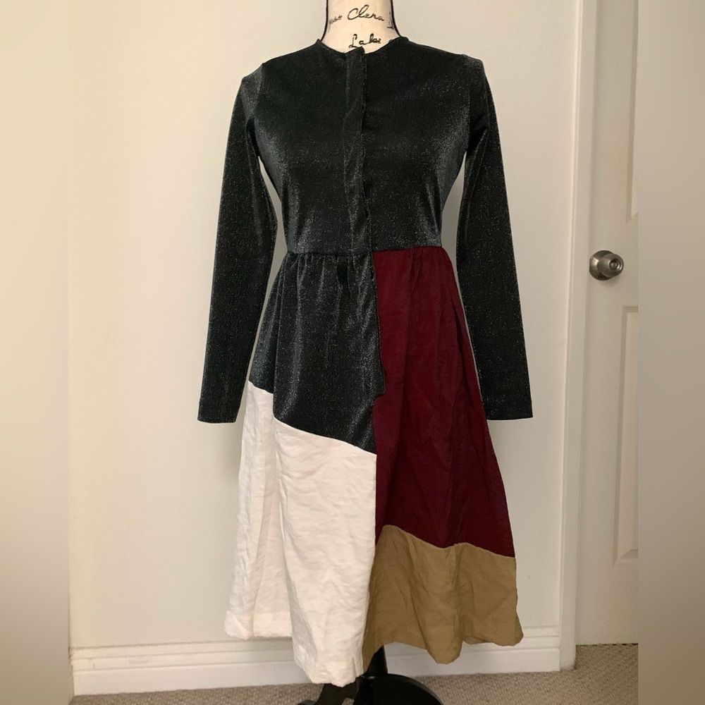 Vintage Gray Shimmer Sparkle Colorblock Patchwork Long Sleeve Dress